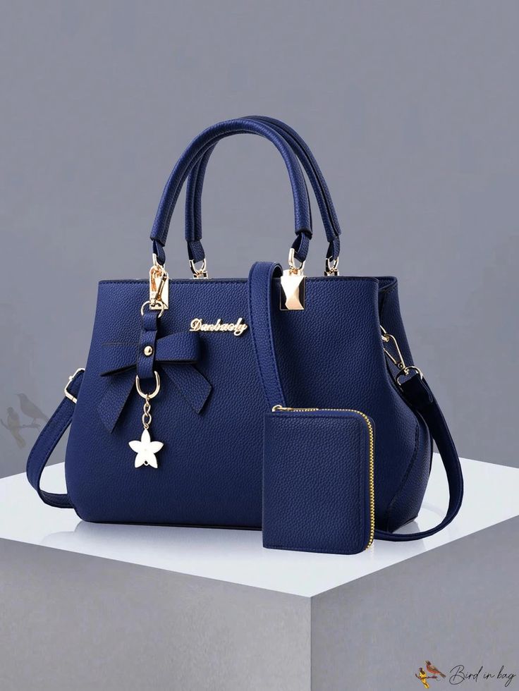 Bird in Bag - 2pc Set Solid Color PU Handbag & Card Holder with Bowknot Pendant for Women - Daily Casual, Business, Commute, School, Shopping