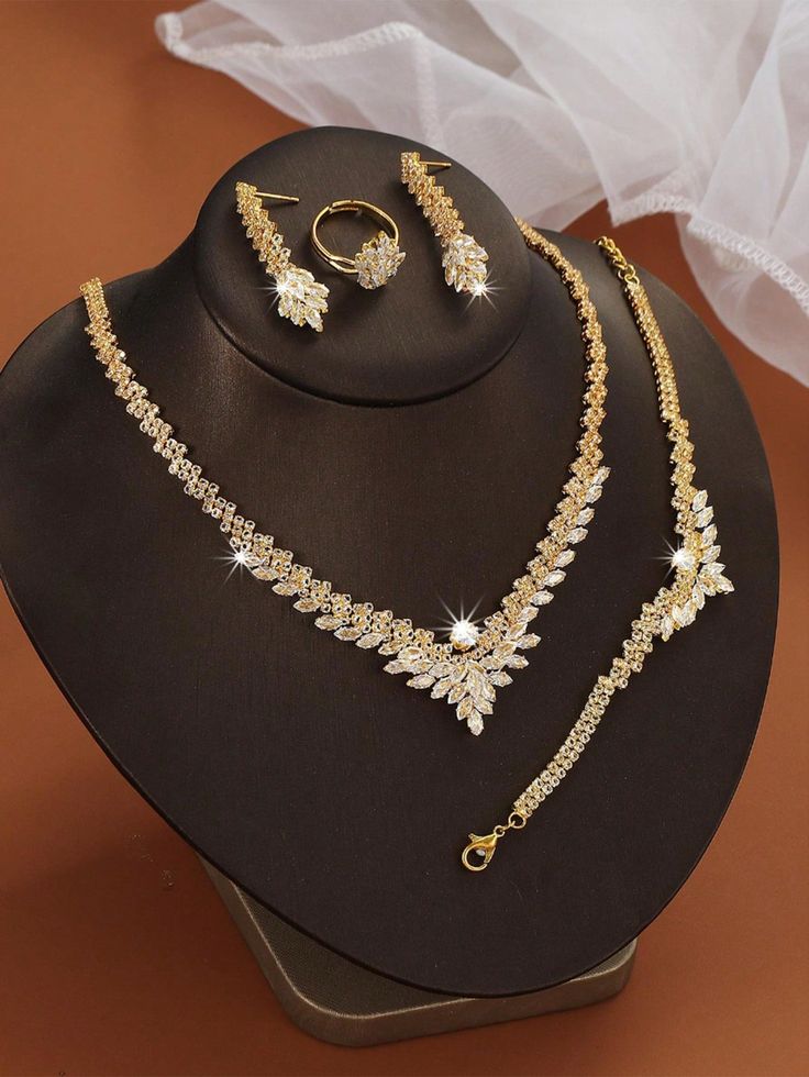 5pcs_Set Full Leaf Shaped V-Shape Necklace, Earrings, Bracelet, Ring Jewelry Set